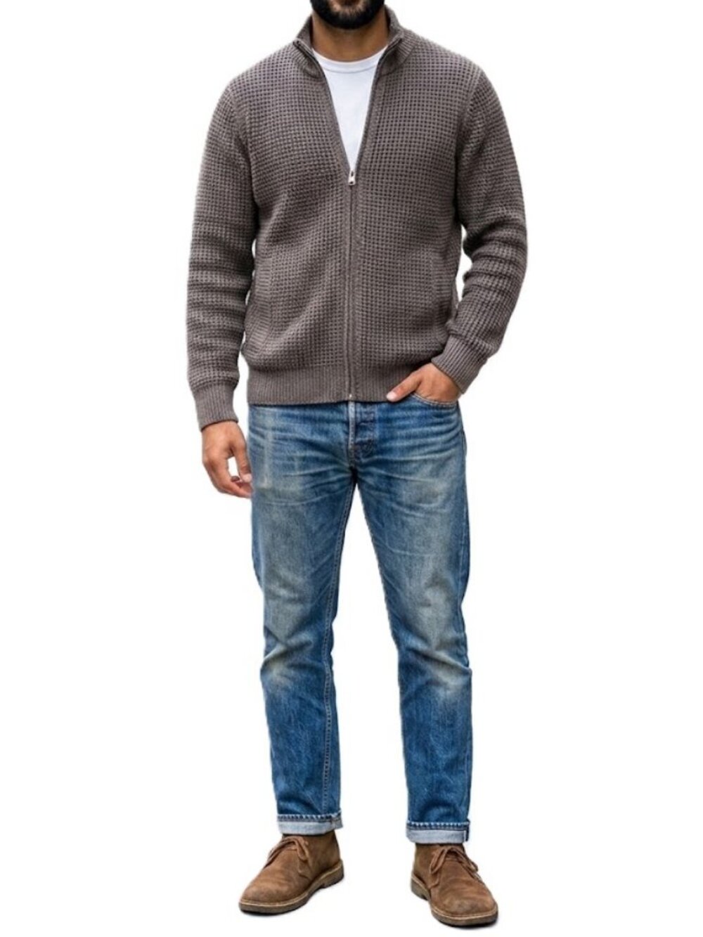 L.L. BEAN Men's 100% Organic Cotton Waffle Knit Full Zip Sweater Medium Brown